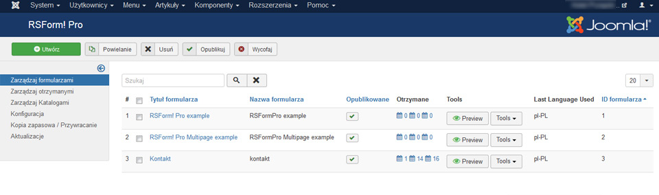 RSForm! Pro - konfiguracja e-mail do wysyłania wiadomości z formularza dla strony www Lublin na Joomla
