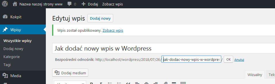 Jak dodać nowy zwykły wpis w WordPress - strony www Lublin na WordPress